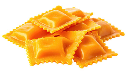 Close-up of square, golden-hued pasta, featuring a distinctive ruffled edge. Soft light illuminates the pile against a transparent backdrop
