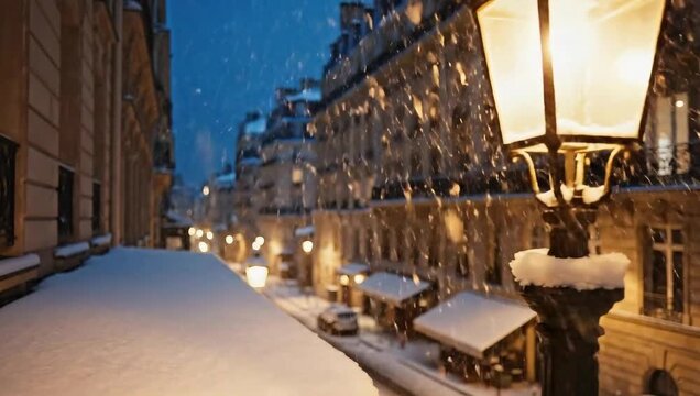 Snowfall in Paris at night, a beautiful winter scene with illuminated streets and historic buildings.
