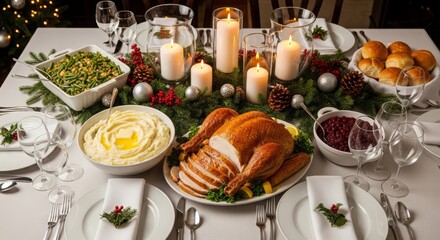 Classic Christmas dinner setup featuring roasted turkey and cozy festive atmosphere