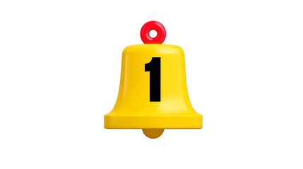 Yellow bell with number one, isolated on transparency background, features red loop on top, symbolizing alert, notification, or first place, with playful and cheerful design