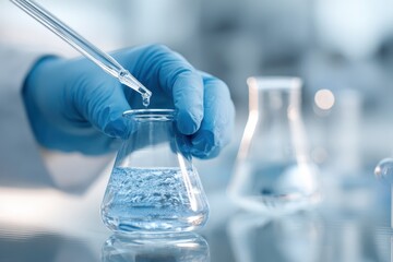 Hands in blue gloves holding glass flask filled with viscous, teal colored liquid. Laboratory setting. Pure bright white background. Medical research equipment. Tube for taking samples. Close-up