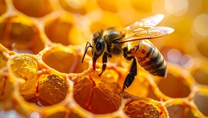 Close-up of a bee on honeycomb filled with honey.