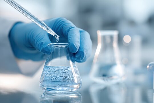 Hands in blue gloves holding glass flask filled with viscous, teal colored liquid. Laboratory setting. Pure bright white background. Medical research equipment. Tube for taking samples. Close-up