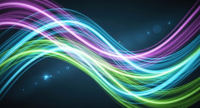 Dynamic colorful light waves flowing across dark background creating a futuristic digital aesthetic - Powered by Adobe