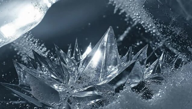 Close-up of sharp ice crystals forming a beautiful pattern.
