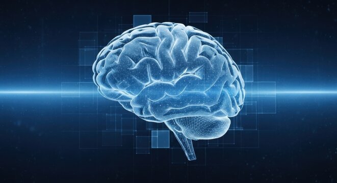 Futuristic digital rendering of a human brain with technological interface elements for - Powered by Adobe