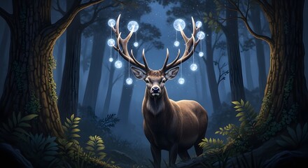 A majestic deer with glowing antlers standing in a mystical forest illuminated by soft moonlight and surrounded by lush greenery