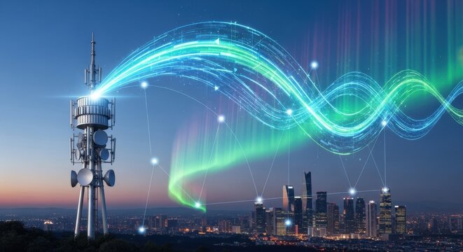 antenna tower transmitting vibrant digital signals with aurora borealis over a cityscape at dusk