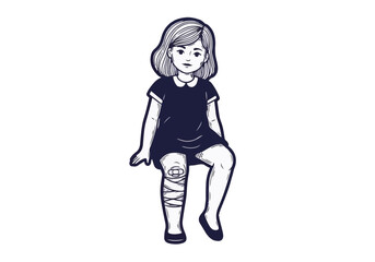 Young girl with a bandaged leg sitting on the floor, wearing a black dress and shoes, showcasing resilience and strength in a playful yet thoughtful manner