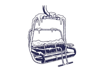 Snow-covered ski lift chair, adorned with icicles, suspended in a winter landscape, showcasing the beauty of a frosty environment and winter sports concept