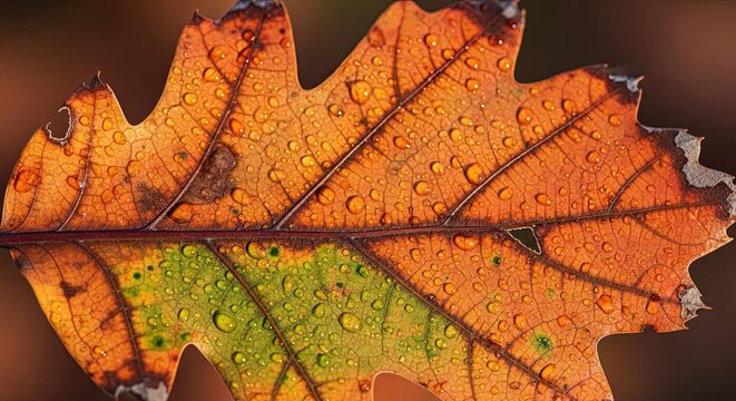 Close-up of a vibrant autumn leaf with water droplets, showcasing natures beauty.