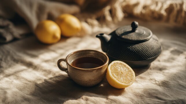 teapot and cup of herbal tea with lemon