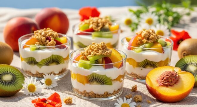 Fresh fruit parfaits with layers of yogurt, kiwi, peaches, and granola, served outdoors on a sunny day with fresh fruit and flowers as decoration, a delightful summer dessert
