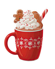 Cozy red mug brimming with hot chocolate, topped with whipped cream and festive treats