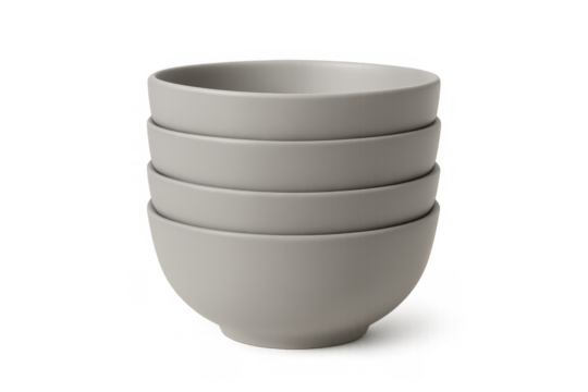 Stacked grey ceramic bowls forming a neat column, clean modern kitchenware for serving food, transparent background