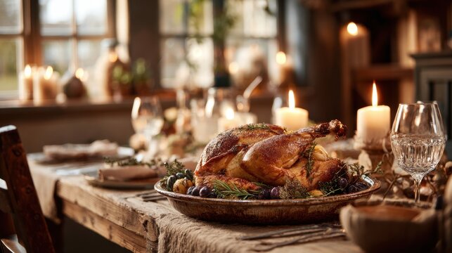 thanksgiving dinner, table with roasted turkey and candles