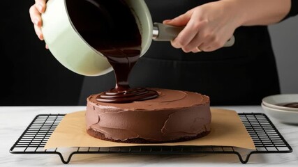 Female adult pastry chef pouring melted dark chocolate ganache over a homemade cake. Confectionery sequence showing the dessert decorating process for a bakery or blog - Powered by Adobe