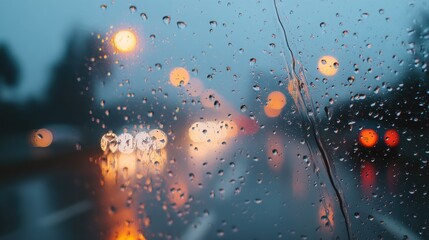 Rain droplets on foggy glass window reflecting warm streetlights for wellness branding background, lifestyle blog banner and web design header

