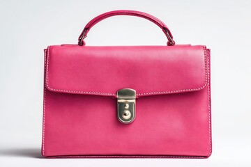 Magenta color leather bag and metal golden hardware details isolated white background. Fashionable luxury female accessory. Simple shape design. Pink woman Handbag designed classic style. Gold clasp