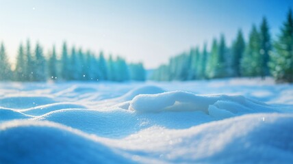 Serene winter landscape with snow covered field and blurred forest background, winter blurred background