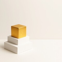 Single golden cube on stepped white base - focused elegance representing singularity, value, and achievement