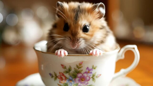 Small rodent rests inside a decorative teacup on a blurred background