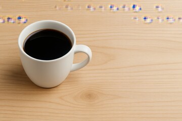 White coffee mug on wooden surface with digital glitch on top mix of analog warmth and digital error