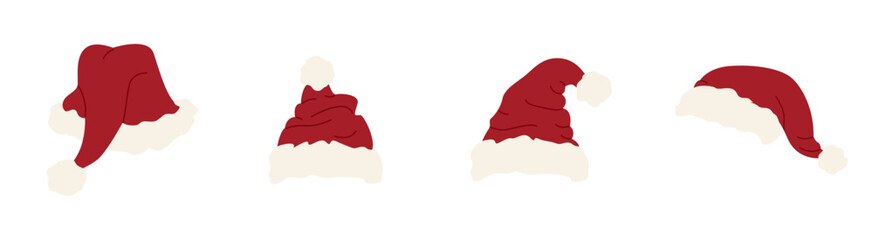A set of red Santa hats of various shapes on a white background. A festive Christmas headdress with white fur trim and a pom-pom. A traditional Christmas element.