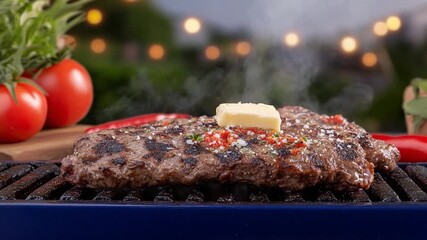 Culinary Masterpiece on the Grill: A mouthwatering grilled steak, topped with a pat of melting butter and fresh herbs, simmers invitingly on a barbecue, promising a feast for the senses.