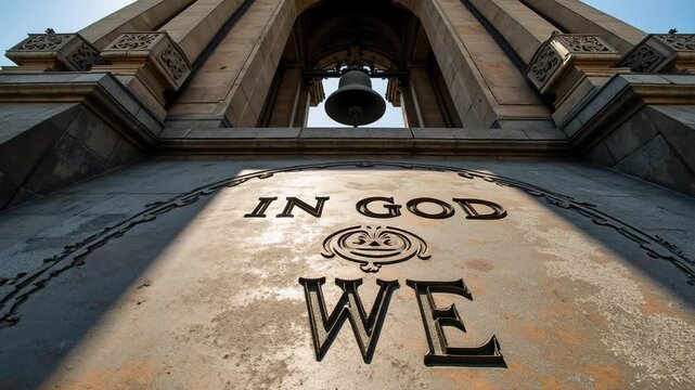 Dramatic bell tower shadows evoke faith and heritage, In God We Trust echoes in stone, a powerful symbol of belief and tradition, 4k video
