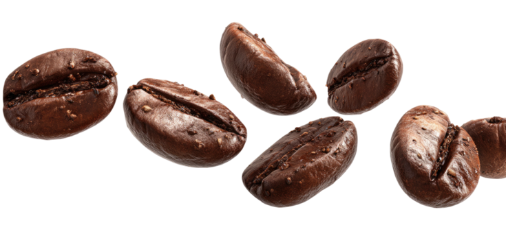 Close-up of rich dark roasted coffee beans scattered on a black background