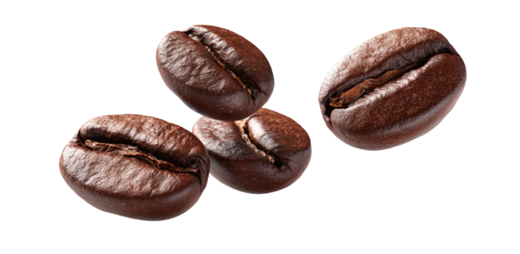 Four roasted coffee beans floating on a black background