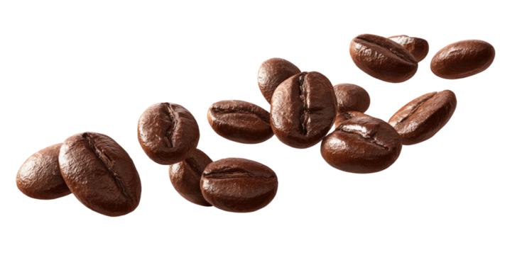 Dark roasted coffee beans scattered in a dynamic stream