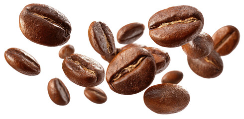 Obraz premium Roasted coffee beans scattered in a dynamic arrangement against a dark background