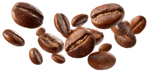 Roasted coffee beans scattered in a dynamic arrangement against a dark background