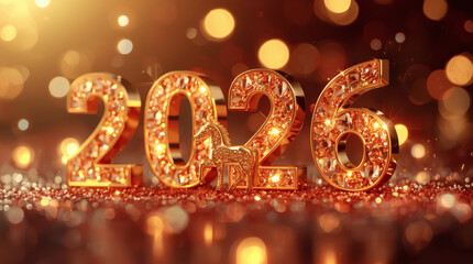 Banner. Shiny gold numbers 2026 and a beautiful bokeh on a dark background. The fiery horse is the symbol of the year. Happy New Year and Merry Christmas.