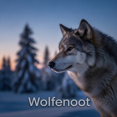 Close-Up of Lone Wolf in Snowy Landscape with Winter Trees and Twilight 