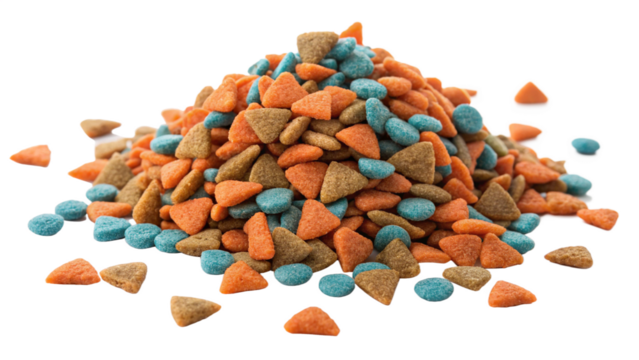 A pile of colorful pet food kibble isolated on transparent background