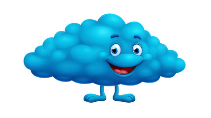 Obraz premium Cheerful blue cartoon cloud character with big smile, expressive eyes, and standing on two legs, isolated on transparent background, perfect for children illustrations and playful designs