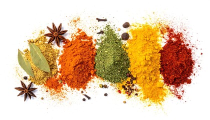 Colorful spices arrangement on white background for culinary use.