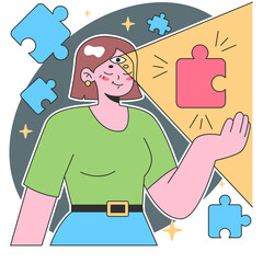 Woman With Green Shirt And Blue Skirt Holding Pink Puzzle Piece Out Of Yellow Spotlight With Blue Puzzle Pieces Floating Around Her On A Grey Background