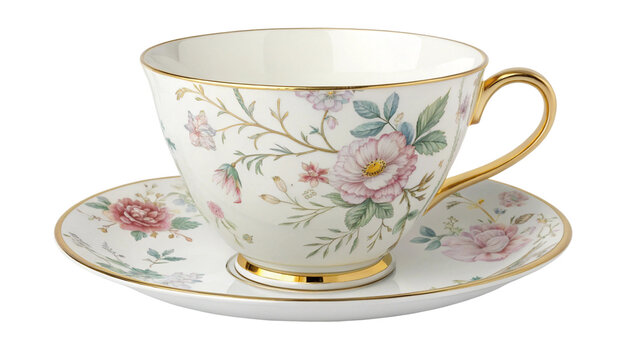 Elegant porcelain teacup and saucer with a delicate floral pattern and gold trim, isolated on transparent background