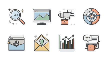 Clean flat vector set of digital marketing icons--SEO, email, ads, analytics, social media--uniform line weight, pastel corporate palette, white background.