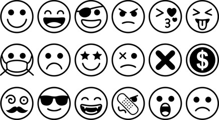 Emoji Faces Icon Set Isolated on White Background – Vector Emotions Collection, Smiley Expressions for Chat, Communication, and Social Media Design