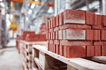 Naklejka premium Modern brick production is automated and systematized. Brick manufacturing packaging process on conveyor belt. Automated robotic line for building material, ceramic factory plant. Stacked red bricks