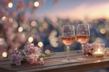 Romantic evening setting with two glasses of sparkling ros? wine on a wooden table surrounded by delicate cherry blossoms and glowing candlelight in soft sunset ambiance
