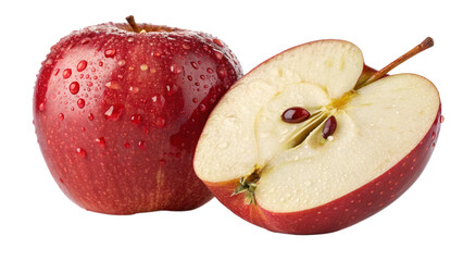 A whole red apple with water droplets and a half apple showing seeds, isolated on transparent background