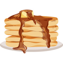 Stack of golden brown pancakes with melted butter and syrup on a white plate with a transparent background