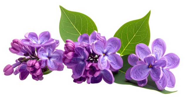 Close-up of delicate purple blossoms and vibrant green leaves against a stark black background