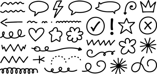 Hand-Drawn Doodle Elements Vector Set Isolated on White Background – Arrows, Hearts, Stars, Speech Bubbles, and Creative Symbol Collection